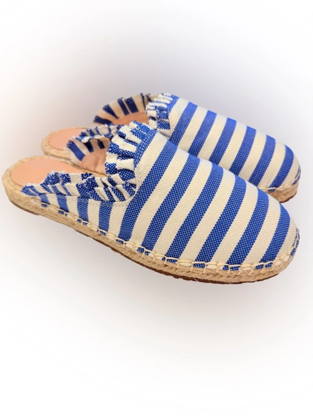 Kate Spade Laila Blue & Ivory Ruffle Espadrilles Mules Size 7.5 Slide Shoes NIB